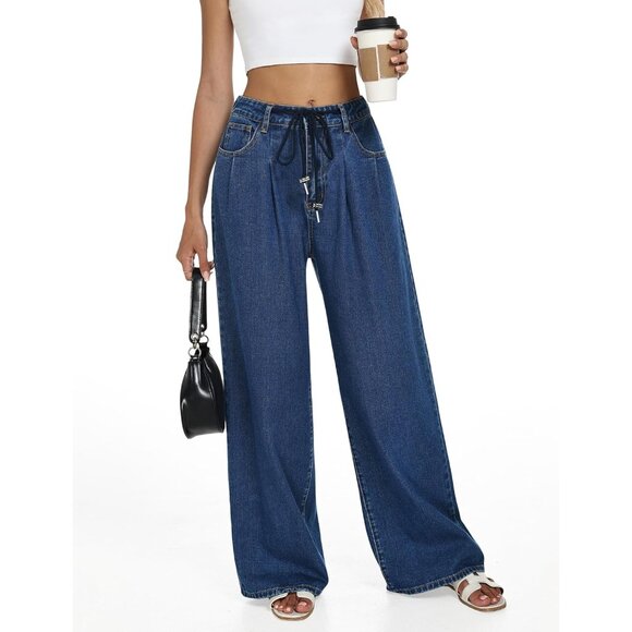 Women's Wide Leg Jeans Cotton Spandex High Waist Casual Streetwear - Picture 3 of 6